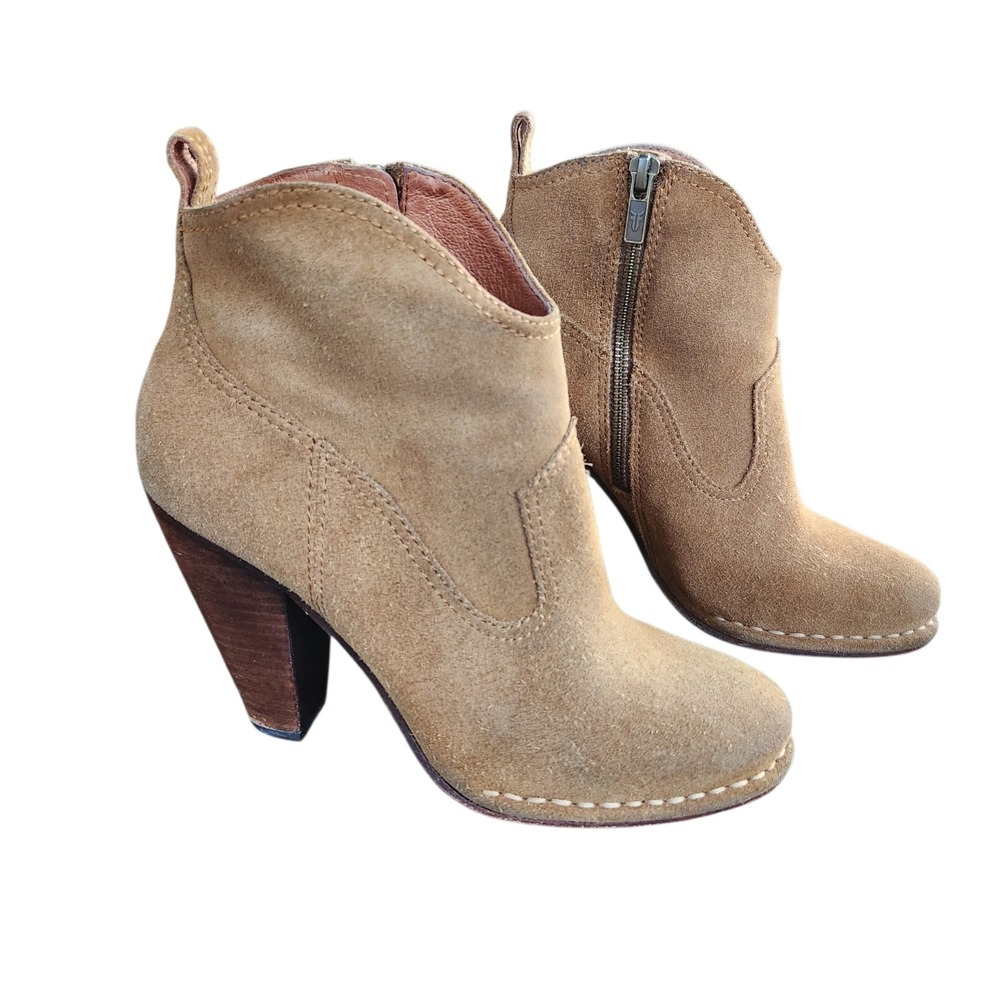 FRYE Boots Size 7.5 Brown Madeline Tan Suede Leather Block Heel Western Ankle
